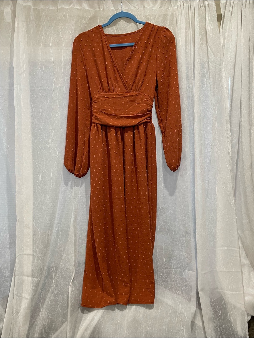 Long Sleeve Wrap Midi Dress in Rust Orange